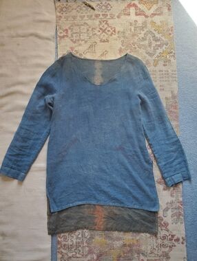 Blue 100% Linen Tunic Top with Layered Hem And Side Slits Size L